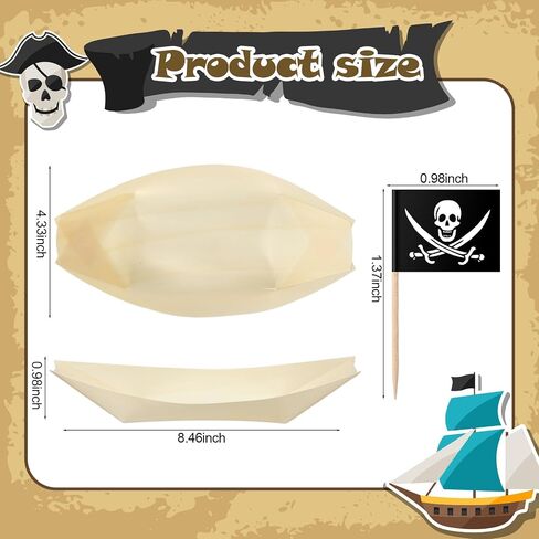 Nuogo 50 Pack 8 Inch Disposable Bamboo Boat Plates with Wood Sailing Flag Cake Topper Wooden Charcuterie Trays Serving Plates for Birthday Party Decorations Tropical Hawaiian Favor Supplies (Pirate) in Saudi Arabia