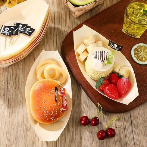 Nuogo 50 Pack 8 Inch Disposable Bamboo Boat Plates with Wood Sailing Flag Cake Topper Wooden Charcuterie Trays Serving Plates for Birthday Party Decorations Tropical Hawaiian Favor Supplies (Pirate) in Saudi Arabia