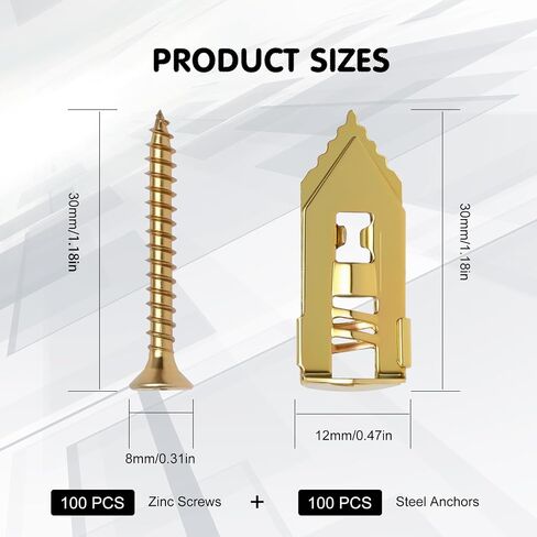 Self-Drilling Drywall Anchors and Screws Kit, 0.47X1.18inch 200Pcs Zinc Plated Steel, Heavy Duty No Drill No Holes, 2025 Upgraded for TV, Shelves, Picture Frames, Cabinets, Holds 100+LBS in Saudi Arabia
