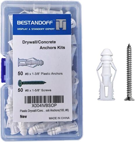 #8 Plastic Drywall/Concrete Anchors with Stainless Steel Screws Assortment Kit 100PCS, 50 Plastic Wall Anchors and 50 Flat Head Screws, Sheetrock Anchors(100, #8) in Saudi Arabia