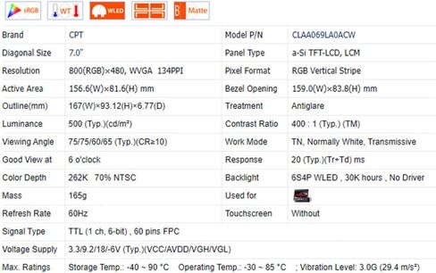 6.9 Inch CLAA069LA0ACW LCD Display Screen Panel for Car DVD GPS Navigation Central Control Multimedia Industrial Equipment Replacement Parts in Saudi Arabia