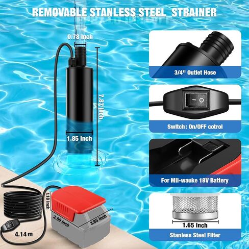 Cordless Submersible Water Pump for Milwaukee M-18 18V Battery,635GPH Portable Transfer Water Pump for Camping Tub Garden RV Pond Draining Job Sites(No Battery) in Kuwait
