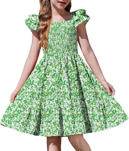Arshiner Girls Dresses Double Pleated Sleeve Square Neck Off Shoulder with Pockets Tween Sundress Size 5-16 in Saudi Arabia