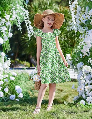 Arshiner Girls Dresses Double Pleated Sleeve Square Neck Off Shoulder with Pockets Tween Sundress Size 5-16 in Saudi Arabia