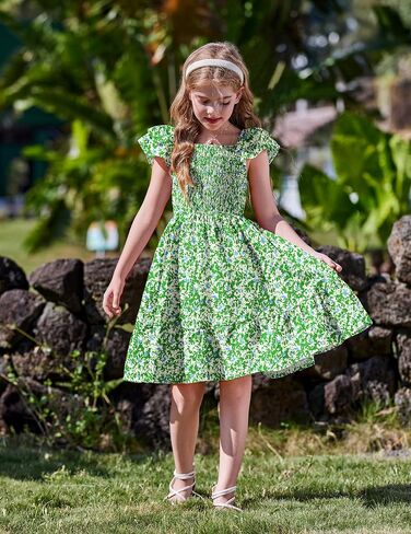 Arshiner Girls Dresses Double Pleated Sleeve Square Neck Off Shoulder with Pockets Tween Sundress Size 5-16 in Saudi Arabia