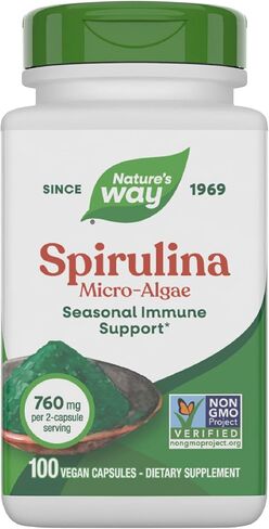 Nature's Way Spirulina micro-algae ، دعم المناعة الموسمي*، مصدر فيتامين A (بيتا كاروتين) ، 760 ملغ لكل وجبة ، 100 كبسولات نباتية (قد تختلف العبوة) in Kuwait
