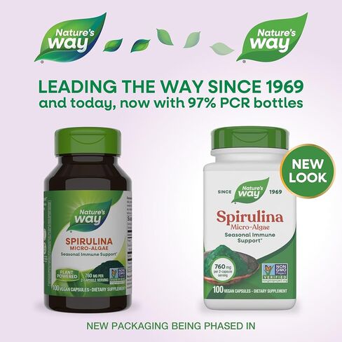 Nature's Way Spirulina micro-algae ، دعم المناعة الموسمي*، مصدر فيتامين A (بيتا كاروتين) ، 760 ملغ لكل وجبة ، 100 كبسولات نباتية (قد تختلف العبوة) in Kuwait