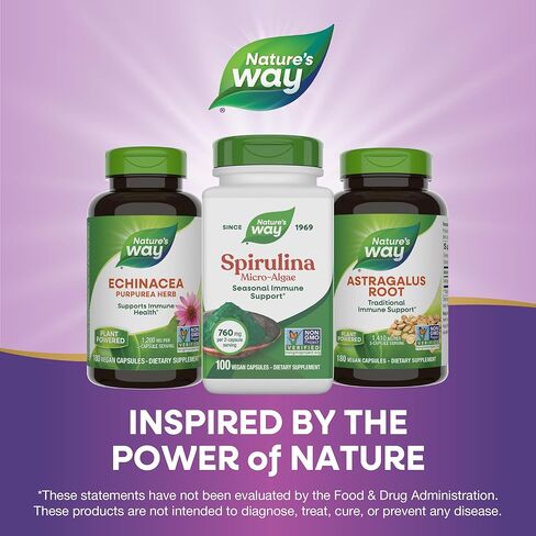 Nature's Way Spirulina micro-algae ، دعم المناعة الموسمي*، مصدر فيتامين A (بيتا كاروتين) ، 760 ملغ لكل وجبة ، 100 كبسولات نباتية (قد تختلف العبوة) in Kuwait