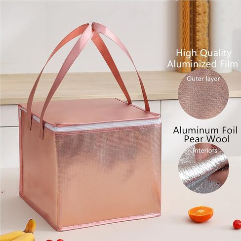 10.2×10.2×12.6" Reusable Insulated Zipper Aluminum Foil Tote Bag Suit for Picnic Cake FruitDrink Refrigeration Also for Delivery of Takeaway Thermal Pizza Insulated Delivery (Laser Rose Gold) in Saudi Arabia