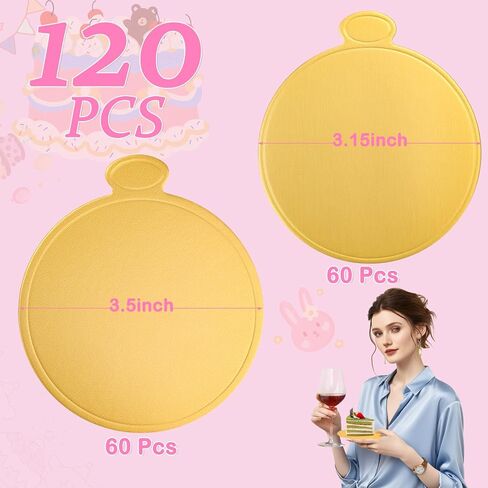 120 PCS Mini Cake Boards, Gold Round Mousse Cupcake Base for Dessert, 3.15 inch & 3.5 inch Mini Flan Plates, Disposable Cake Paper Display Tray for Baking Birthday Party Wedding in Saudi Arabia