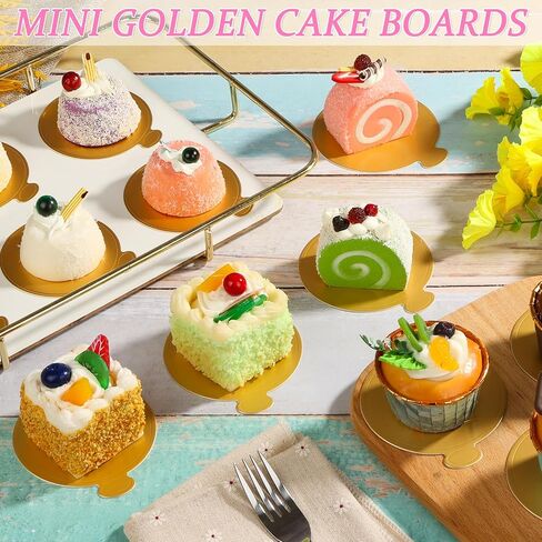 120 PCS Mini Cake Boards, Gold Round Mousse Cupcake Base for Dessert, 3.15 inch & 3.5 inch Mini Flan Plates, Disposable Cake Paper Display Tray for Baking Birthday Party Wedding in Saudi Arabia