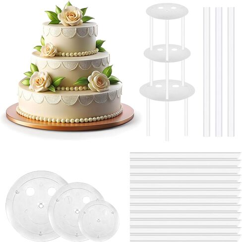 Cobee Dowel Rods Set, 15 Pcs Plastic Support Sticks With 3 Cake Boards for Tiered and Stacking 6" 8" 10" Layer Separator Plates - Wedding Party Birthday Cake Topper in Saudi Arabia