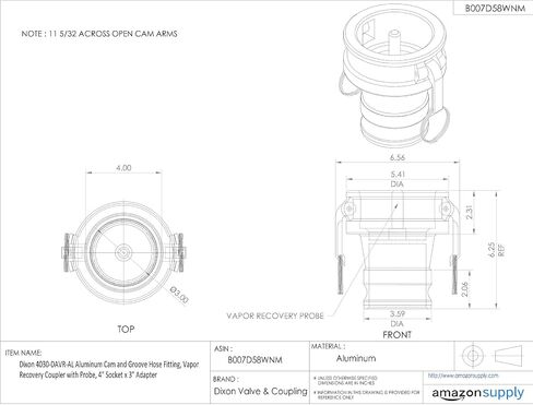 Dixon 4030-DAVR-AL Aluminum Cam and Groove Hose Fitting, Vapor Recovery Coupler with Probe, 4" Socket x 3" Adapter in Saudi Arabia