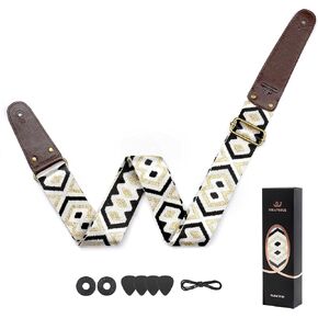 Guitar Strap, Jacquard Embroidered Cotton Guitar Straps with Double Sided Vegetable Tanned Cowhide Leather Ends for Bass, Electro Acoustic, Great Gift for Kids and Guitarists，Gold Jacquard in Saudi Arabia