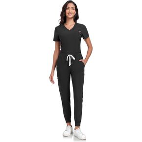 Scrubs For Women Set -V-Neck Scrub TOP Contrast Pocket & Jogger Pants With 11 Pockets in Saudi Arabia