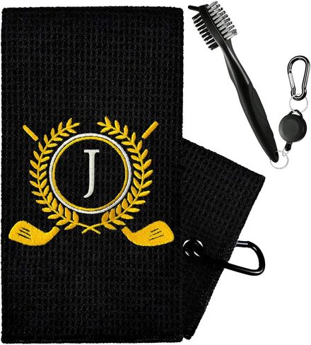 Personalized Golf Towels for Golf Bags - Microfiber Monogrammed Golf Towels for Men/Women, Retractable Brush Tool Kit with Club Groove Cleaner, Custom Golf Accessories for Golfers (Initial J) in Kuwait