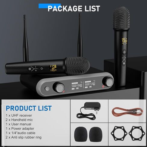 Wireless Microphone System Karaoke Machine - Rechargeable Handheld Dynamic Microphones, Dual Wireless Mics, Adjustable UHF Channels, Auto Scan, 310ft Range, Microphone for Karaoke in Saudi Arabia