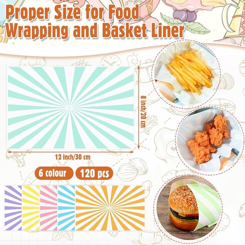 120 Pastel Party Supplies Deli Paper Sheets 12 × 8 بوصات شمع الباستيل المخططة لبطانات سلة الباستيل الطعام شطيرة برجر ورق ملفات ورق للحفل in Saudi Arabia