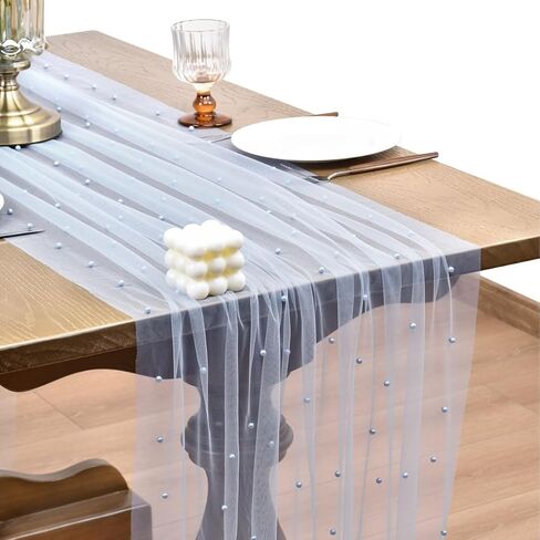 Joanlody Spring Summer Pearl Table Runner 10ft Rustic Boho Tulle Table Runner with Pearls for Baby Shower Wedding Party Veil Dessert Table Decor Blue in Saudi Arabia