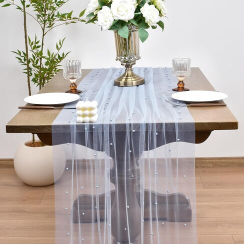 Joanlody Spring Summer Pearl Table Runner 10ft Rustic Boho Tulle Table Runner with Pearls for Baby Shower Wedding Party Veil Dessert Table Decor Blue in Saudi Arabia