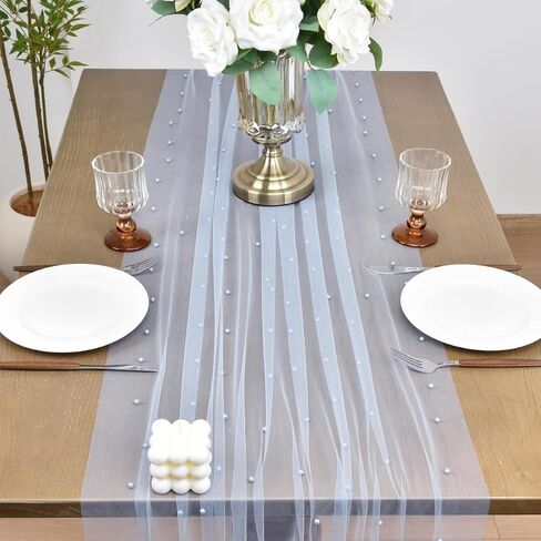 Joanlody Spring Summer Pearl Table Runner 10ft Rustic Boho Tulle Table Runner with Pearls for Baby Shower Wedding Party Veil Dessert Table Decor Blue in Saudi Arabia