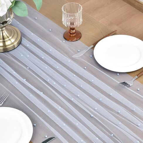Joanlody Spring Summer Pearl Table Runner 10ft Rustic Boho Tulle Table Runner with Pearls for Baby Shower Wedding Party Veil Dessert Table Decor Blue in Saudi Arabia