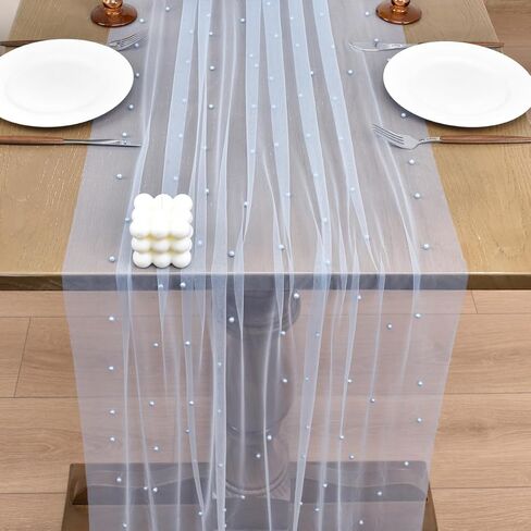 Joanlody Spring Summer Pearl Table Runner 10ft Rustic Boho Tulle Table Runner with Pearls for Baby Shower Wedding Party Veil Dessert Table Decor Blue in Saudi Arabia