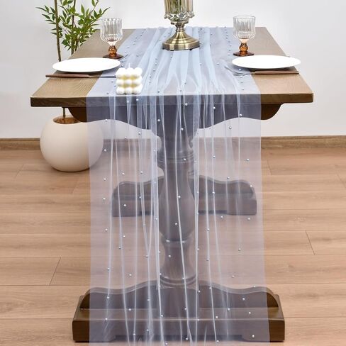 Joanlody Spring Summer Pearl Table Runner 10ft Rustic Boho Tulle Table Runner with Pearls for Baby Shower Wedding Party Veil Dessert Table Decor Blue in Saudi Arabia