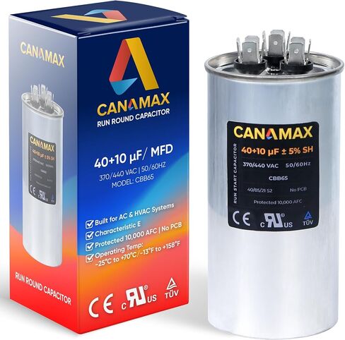 Canamax 40+10 uf/MFD 50/60 Hz 370-440 VAC Round Start Capacitor - Replacement for AC Motor Run or Fan Start and Cool or Heat Pump Air Conditioner - Replaces C34010 C34010R 12246 100335-50 in Saudi Arabia
