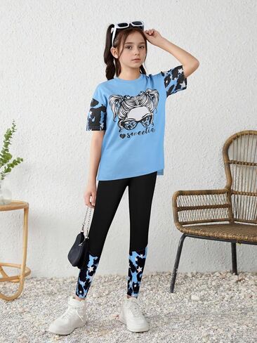 Girls Clothes Cool Girl Print Tie Dye 2PC Outfits Short Sleeve Tops Long Pant Sets Summer Kids Clothes Girls in Saudi Arabia