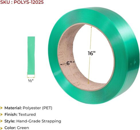 Mytee Products 5800'x 1/2"x 0.025" Hand Grade Polyester (PET) Packaging Strapping Roll - Green 16"x6" Core Size AAR Approved - 780 lbs Break Strength - UV, Water & Rust Resistant Roll in Saudi Arabia