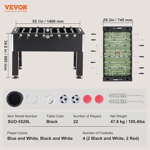 طاولة Vevor Foosball ، طاولة كرة قدم قياسية بحجم 55 بوصة ، طاولة كرة قدم كاملة الحجم للمنزل والأسرة وغرفة الألعاب ، كرة قدم مع مجموعة Foosball ، تشمل 4 كرات و 4 كوب من أصحاب الكوب ، الأسود in Saudi Arabia