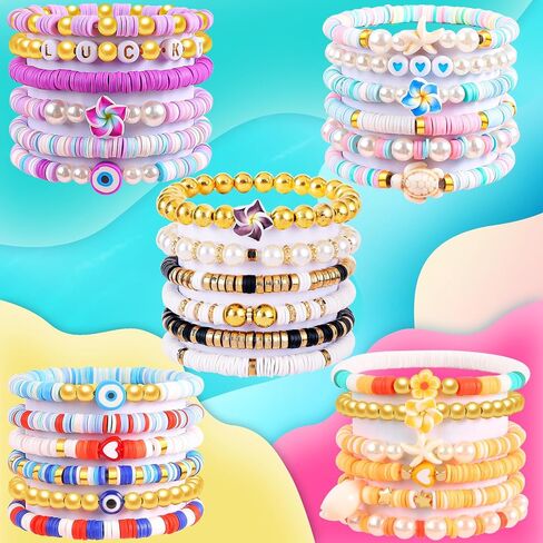 24 Pcs Friendship Bracelets Heishi Preppy Flower Clay Bead Bracelets Set Colorful Beaded Bracelets for Women Teens Boho Summer Beach Jewelry Stackable Stretch Bracelet Set with Cute Preppy Designs Perfect for Gifts and Parties in Kuwait