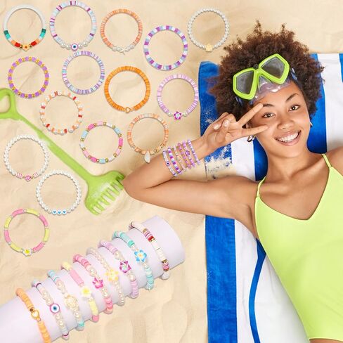 24 Pcs Friendship Bracelets Heishi Preppy Flower Clay Bead Bracelets Set Colorful Beaded Bracelets for Women Teens Boho Summer Beach Jewelry Stackable Stretch Bracelet Set with Cute Preppy Designs Perfect for Gifts and Parties in Kuwait