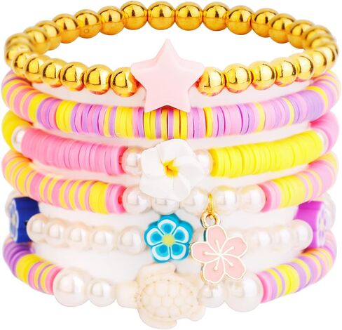 24 Pcs Friendship Bracelets Heishi Preppy Flower Clay Bead Bracelets Set Colorful Beaded Bracelets for Women Teens Boho Summer Beach Jewelry Stackable Stretch Bracelet Set with Cute Preppy Designs Perfect for Gifts and Parties in Saudi Arabia