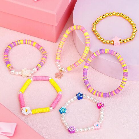 24 Pcs Friendship Bracelets Heishi Preppy Flower Clay Bead Bracelets Set Colorful Beaded Bracelets for Women Teens Boho Summer Beach Jewelry Stackable Stretch Bracelet Set with Cute Preppy Designs Perfect for Gifts and Parties in Saudi Arabia