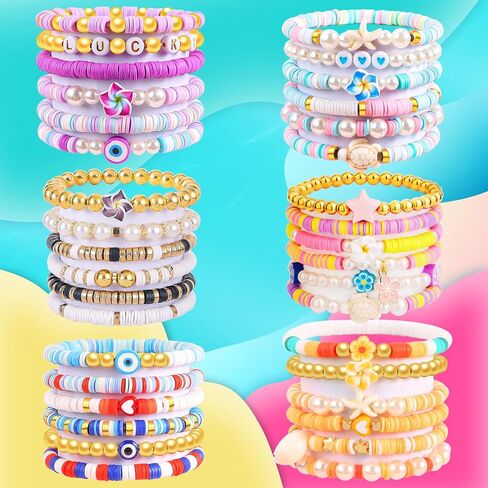 24 Pcs Friendship Bracelets Heishi Preppy Flower Clay Bead Bracelets Set Colorful Beaded Bracelets for Women Teens Boho Summer Beach Jewelry Stackable Stretch Bracelet Set with Cute Preppy Designs Perfect for Gifts and Parties in Saudi Arabia