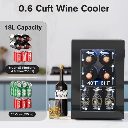 Wine Cooler Refrigerator with Glass Door, Mini Wine Fridge for Red, White and Champagne, Built-in Wine Cellar, 40-61F Digital Temperature Control, Indoor Use in Kuwait