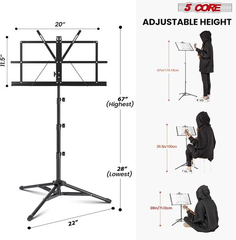 5 Core Sheet Music Stand 2 in 1 Dual Dual Use Professional قابل للتعديل 28-67 بوصة قابلة للطي حامل حامل ثلاثي القوائم (الأزرق ، النسخة العليا) in Saudi Arabia