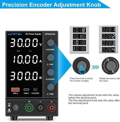 Adjustable Switching Power Supply (30V 10A) with Encoder Coarse and Fine Adjustment Knobs, with USB and Type-C Fast Charging(DPS605U) in Saudi Arabia