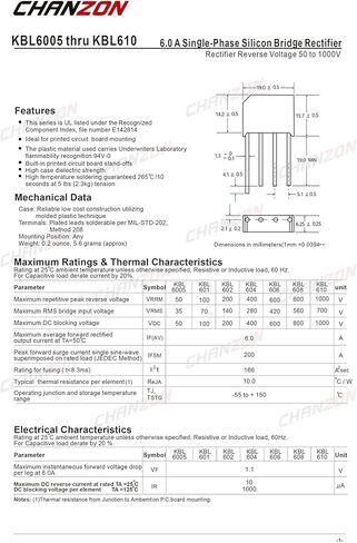 (Pack of 10 Pieces) Chanzon KBL610 Bridge Rectifier Diode 6A 1000V KBL-4 (SIP-4) Single Phase, Full Wave 6 Amp 1000 Volt Electronic Silicon Diodes in Saudi Arabia