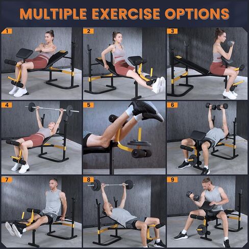 مجموعة مقاعد البدلاء ذات الوزن القابل للتعديل مع مجموعة القرفصاء المزدوجة وظيفة الساق تمارين واعظ ح تجهيز حافلة وسادة التدريب على الصالة الرياضية المنزلية كاملة الجسم تجريب متعدد الوظائف ، balck والأصفر in Kuwait