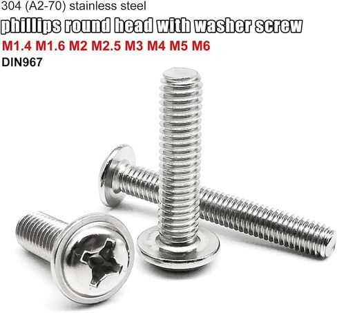10-50pcs M1.4 M1.6 M2 M2.5 M3 M4 M5 M6 Cross Phillips Pan Round Head Screw Bolt with Washer Collar 304 A2-70 Stainless Steel PWM DIN967(2mm,50pcs M2) in Saudi Arabia