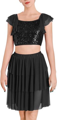 Odasdo Women Lyrical Dance Costumes Sequin Tank Crive Top + Mesh Tulle Leotard Skirt Skirt two two اثنين in Saudi Arabia