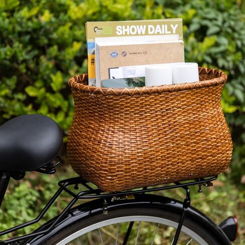 CXWXC Rear Bike Basket - Handmade Rattan Bicycle Rear Basket with Waterproof Cover - Large Capacity Bike Basket for Beach Cruiser in Saudi Arabia