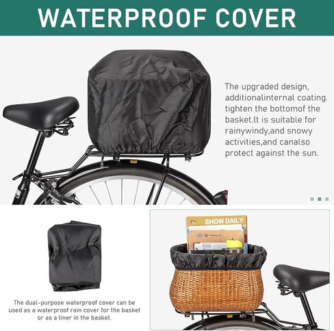 CXWXC Rear Bike Basket - Handmade Rattan Bicycle Rear Basket with Waterproof Cover - Large Capacity Bike Basket for Beach Cruiser in Saudi Arabia