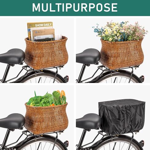 CXWXC Rear Bike Basket - Handmade Rattan Bicycle Rear Basket with Waterproof Cover - Large Capacity Bike Basket for Beach Cruiser in Saudi Arabia