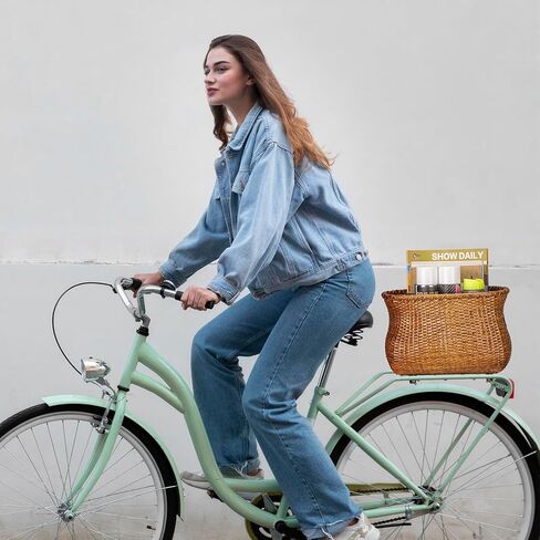 CXWXC Rear Bike Basket - Handmade Rattan Bicycle Rear Basket with Waterproof Cover - Large Capacity Bike Basket for Beach Cruiser in Saudi Arabia