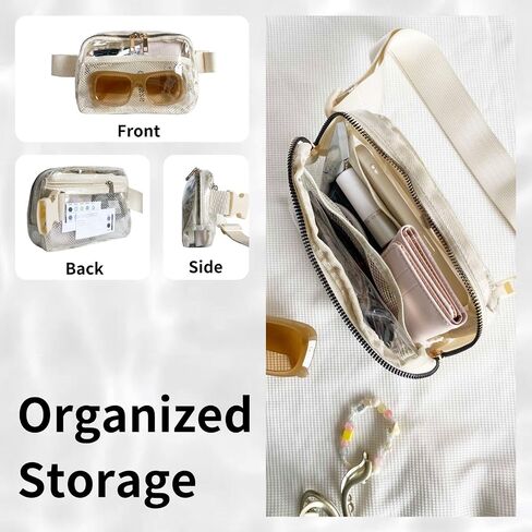Clear Fanny Pack Belt Bag For Women Stadium Approved Small Crossbody Purse Transparent Mini Sling With Adjustable Strap Cute Waist Bag For Music Festival Concerts Sports Beach Running (Beige) in Kuwait