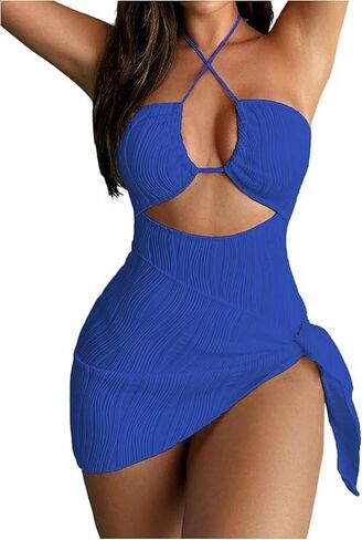 Skays Womens One One Swimsuit Texture Hollow Out Halter Suit With With-Up-Up 2 قطعة ملابس على الشاطئ in Kuwait
